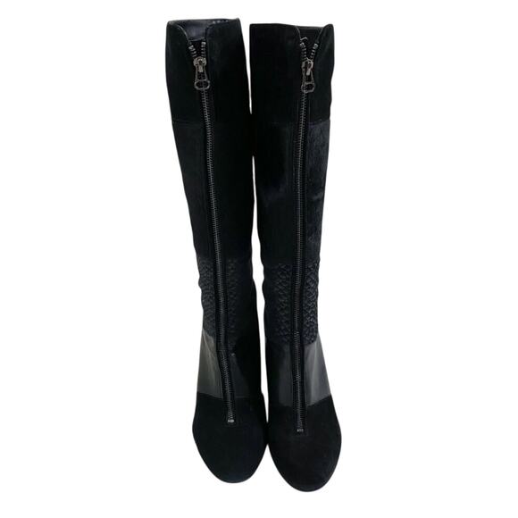 Anne Klein Black Suede & Leather Patchwork Heeled Boots Front Zip Almond Toe 10 - Picture 2 of 10